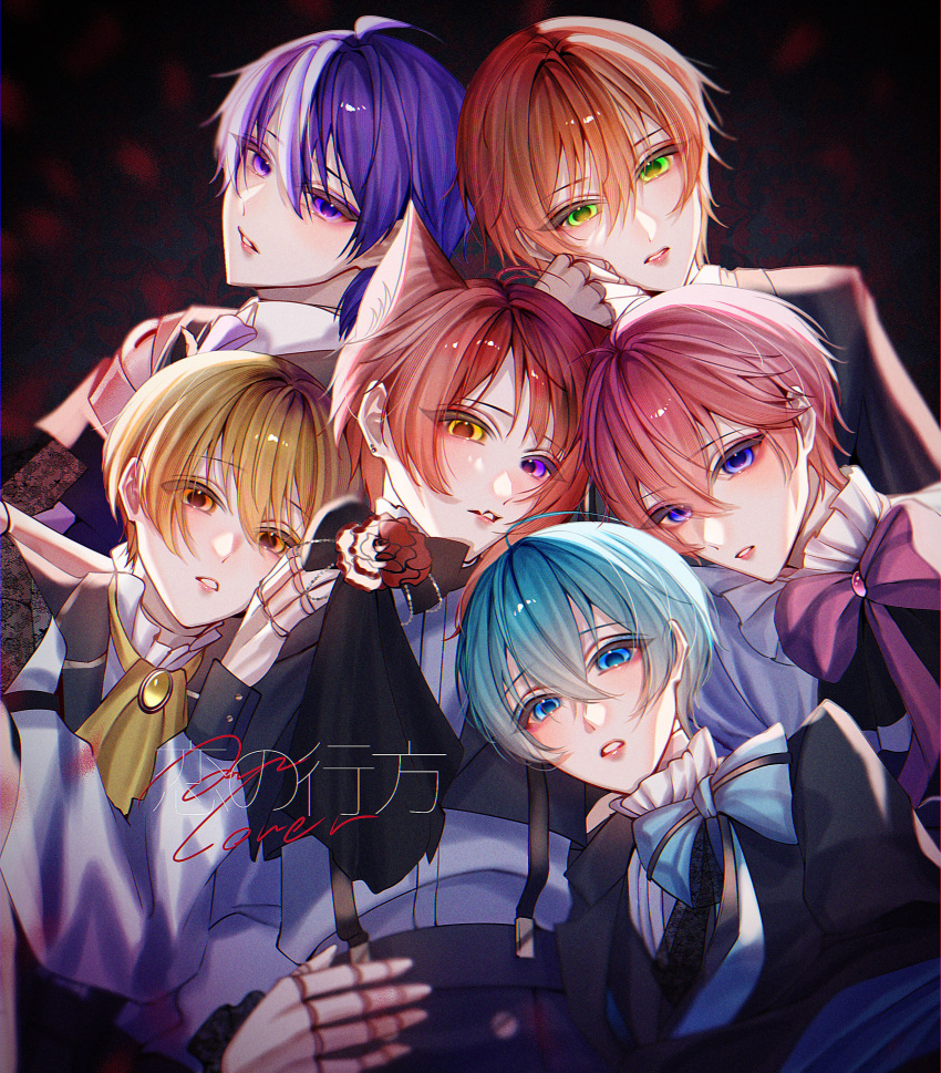 6+boys, absurdres, animal_ears, bimigohan16, blonde_hair, blue_bow, blue_eyes, blue_hair, bow, collar, colon_(stpri), flower, frilled_collar, frills, green_eyes, hair_between_eyes, hand_on_another's_waist, hand_on_own_face, heterochromia, highres, jel_(stpri), looking_at_viewer, medium_hair, multiple_boys, nanamori_(stpri), orange_eyes, orange_hair, pink_bow, pink_hair, purple_hair, red_flower, red_hair, rinu_(stpri), root_(stpri), satomi_(stpri), shirt, short_hair, simple_background, strawberry_prince, violet_eyes, white_shirt