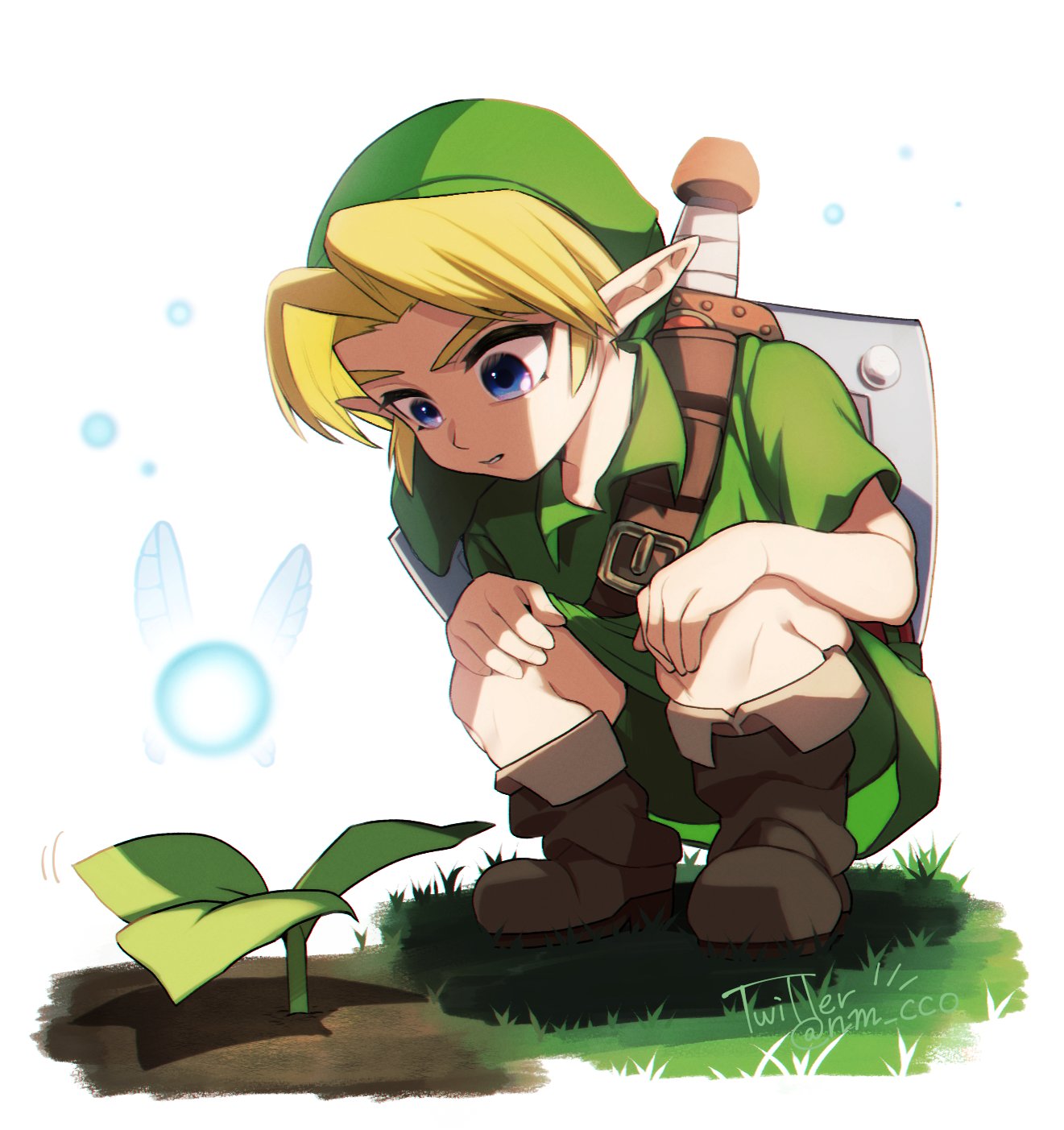 1boy, ao_haruki, blonde_hair, boots, brown_footwear, grass, green_hat, green_shorts