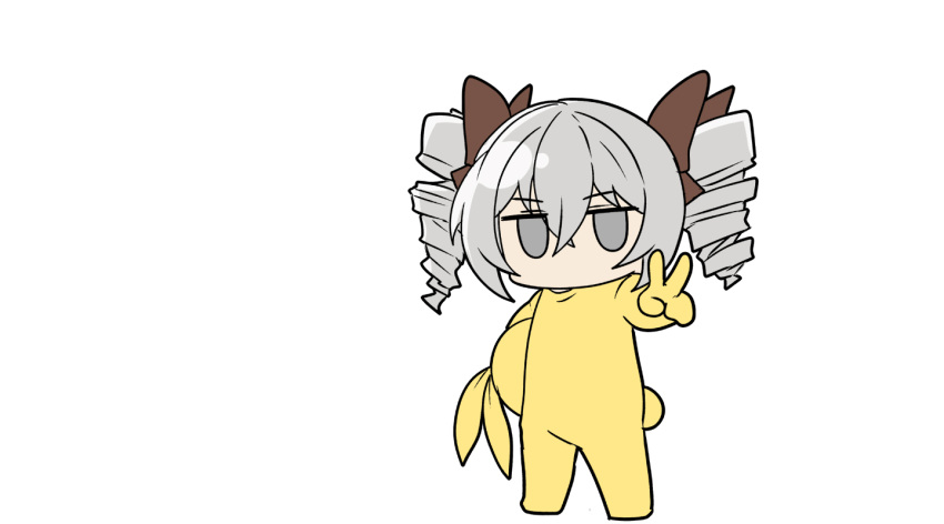 1girl, bow, bronya_zaychik, brown_bow, chibi, commentary_request, cosplay, drill_hair, full_body, grey_eyes, grey_hair, hair_bow, homu_(honkai_impact), homu_(honkai_impact)_(cosplay), honkai_(series), honkai_impact_3rd, looking_at_viewer, nabeiro_kin, outstretched_arm, simple_background, solo, standing, twin_drills, twintails, v, v-shaped_eyebrows, white_background