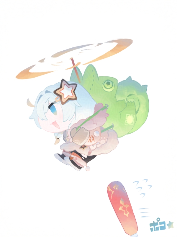 1girl, black_footwear, blue_eyes, brown_jacket, chibi, commentary_request, flying, flying_sweatdrops