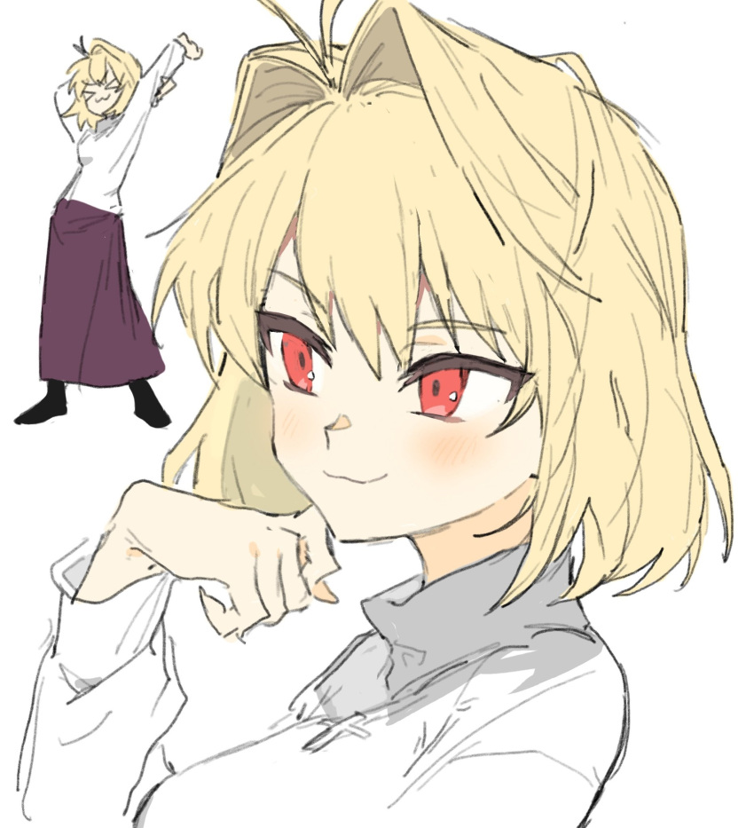 >_<, 1girl, :3, arcueid_brunestud, arms_behind_head, blonde_hair, closed_mouth, commentary_request, highres, korean_commentary, long_skirt, medium_hair, multiple_views, purple_skirt, red_eyes, simple_background, skirt, smile, stretching, sweater, tsukihime, turtleneck, turtleneck_sweater, white_background, white_sweater, yamabuki_otk