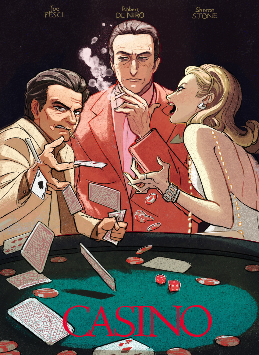 1girl, 2boys, absurdres, black_hair, blonde_hair, card, casino_(1995), cigarette, dress, highres, holding, holding_cigarette, multiple_boys, old, old_man, poker, robert_de_niro, sanhunpo, suit, table
