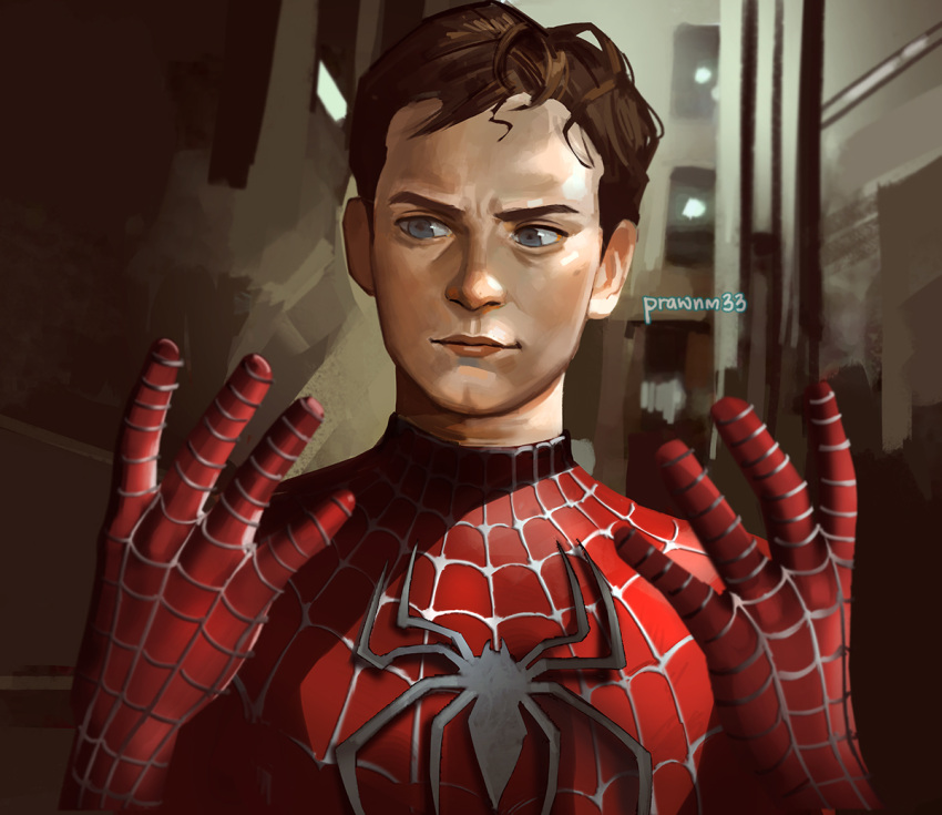 1boy, arms_up, blue_eyes, bodysuit, brown_hair, city, closed_mouth, commentary