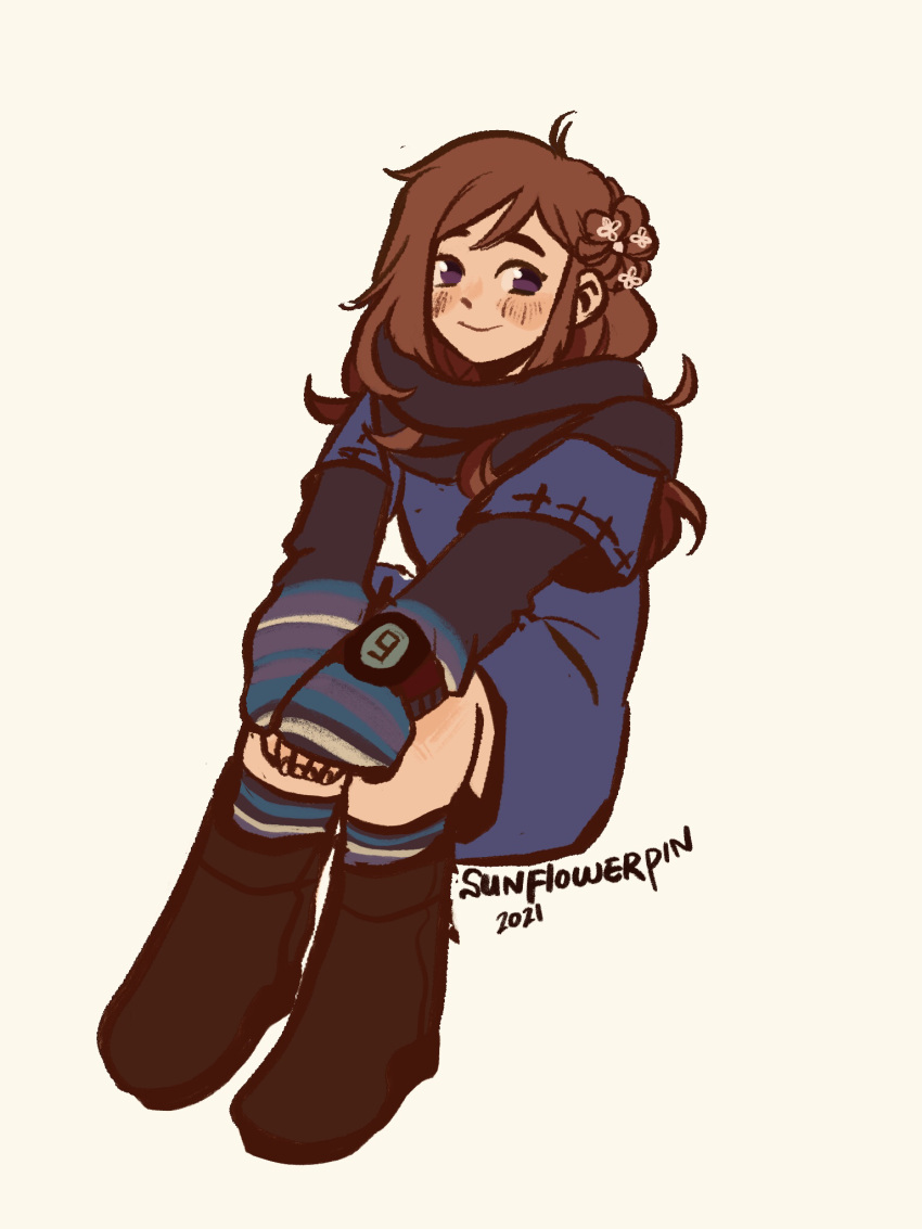 1girl, artist_name, black_footwear, black_scarf, blue_dress, blush, boots, brown_hair, closed_mouth, dated, dress, full_body, highres, kyokugen_dasshutsu, kyokugen_dasshutsu:_9_jikan_9_nin_9_no_tobira, long_hair, long_sleeves, marigoldflowerdays, murasaki_(kyokugen_dasshutsu), scarf, simple_background, sitting, smile, socks, solo, striped_clothes, striped_socks, violet_eyes, watch, white_background
