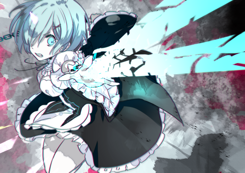 1girl, anno_meiji, black_dress, blue_hair, demon_girl, detached_sleeves, dress, horns