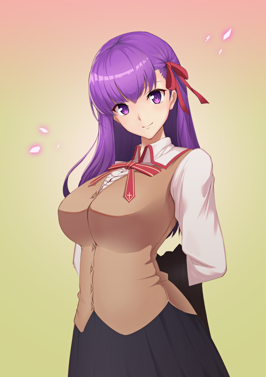 1girl, arm_behind_back, black_skirt, breasts, brown_vest, buttons, closed_mouth, commentary_request