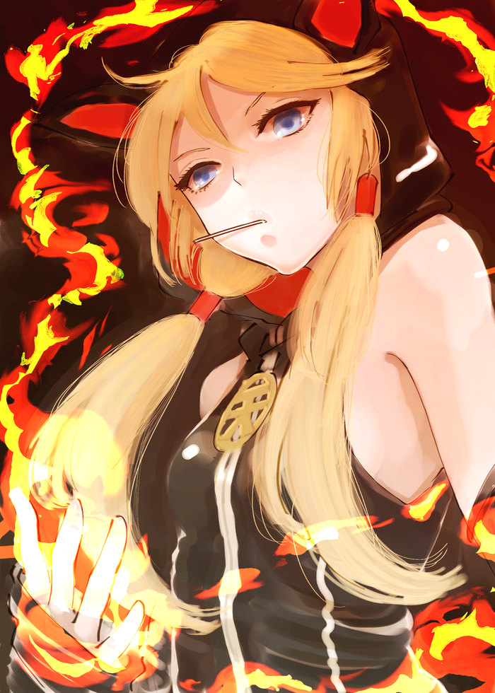blonde_hair, blue_eyes, fire, hood, kito_(coyo), long_hair, psyren, tenjuin_frederica