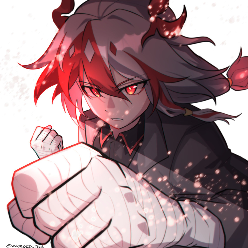 1girl, bandaged_hand, bandages, black_jacket, black_shirt, clenched_hands, collared_shirt, commentary