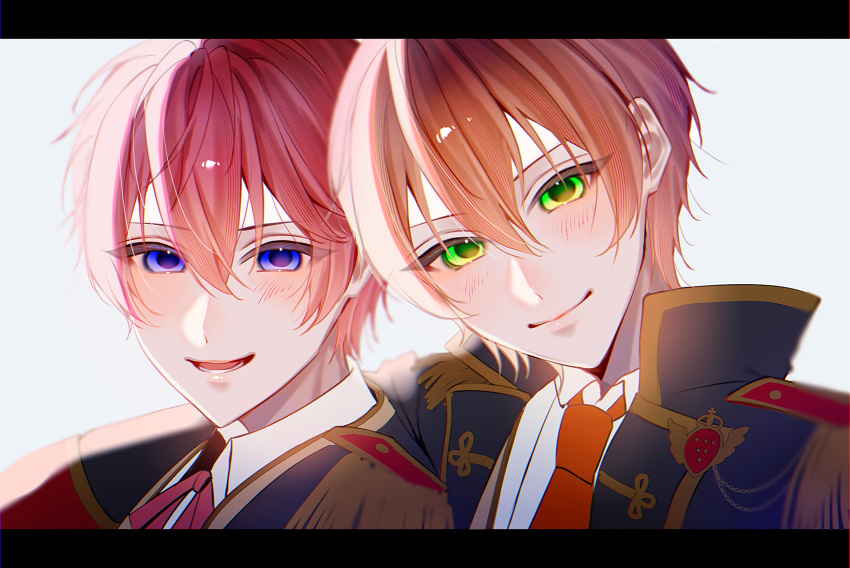 2boys, bimigohan16, black_border, blue_jacket, blush, border, green_eyes, high_collar