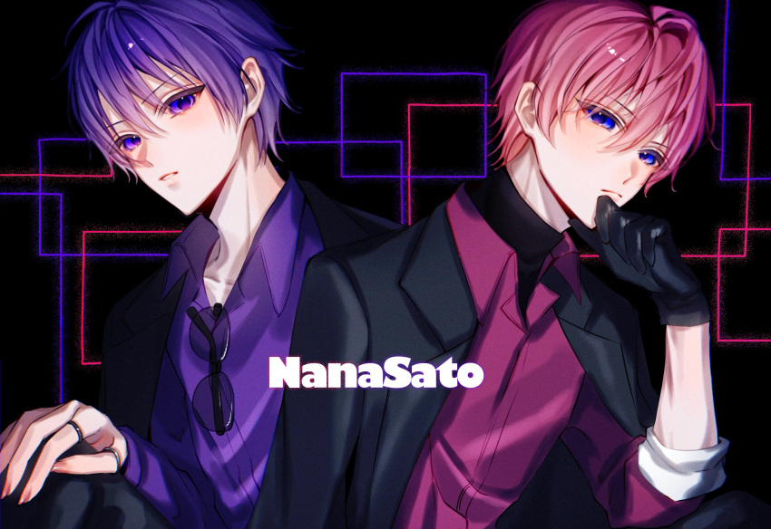 2boys, arm_up, bimigohan16, black_gloves, black_jacket, gloves, hair_between_eyes, hand_on_own_face