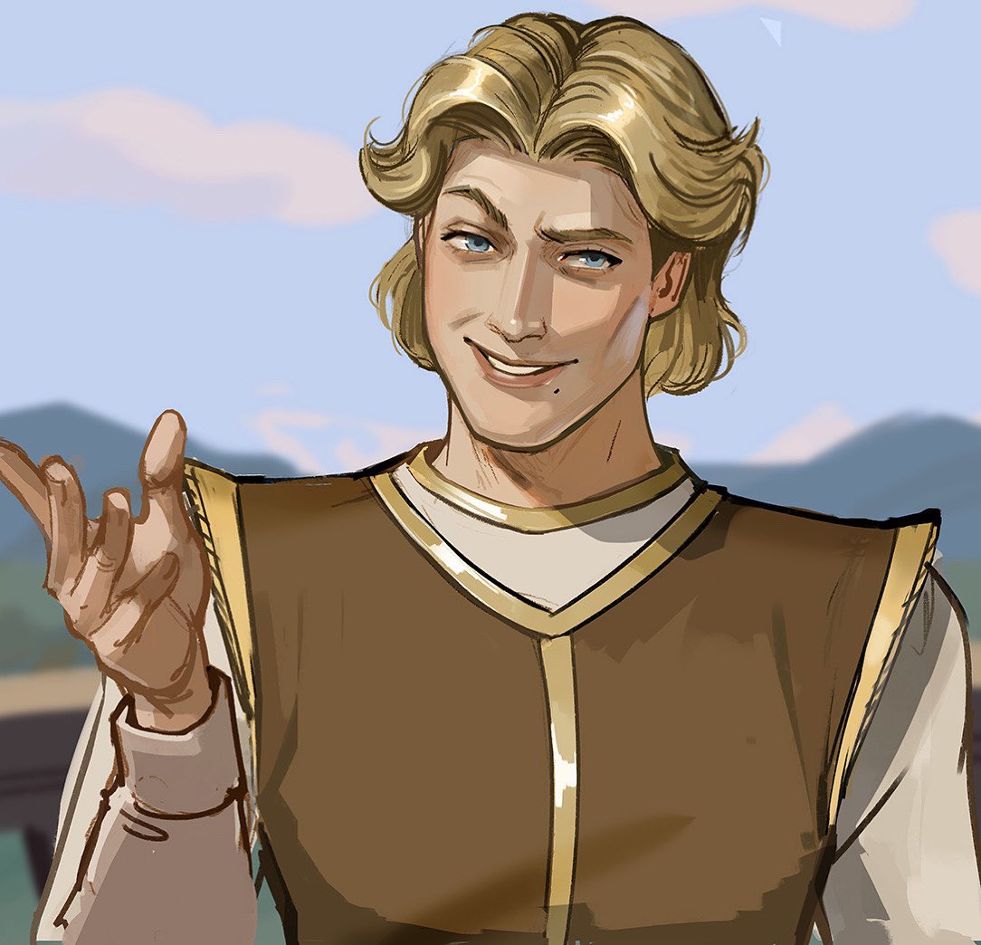 1boy, arm_up, balcony, blonde_hair, blue_eyes, brown_vest, clouds, commentary, english_commentary, gold_trim, grin, layered_clothes, long_sleeves, male_focus, mistermagnolia, mountain, outdoors, prince_charming_(shrek), raised_eyebrow, shirt, shrek_(series), sky, sleeveless, smile, solo, teeth, upper_body, vest, wavy_hair, white_shirt