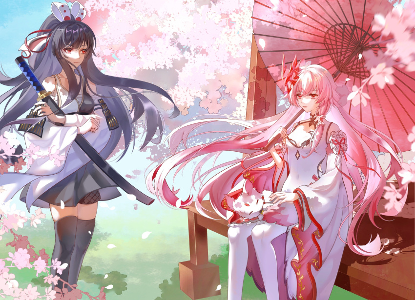 2girls, absurdres, animal_on_lap, bare_shoulders, benghuai_xueyuan, black_thighhighs, cherry_blossoms, chest_sarashi