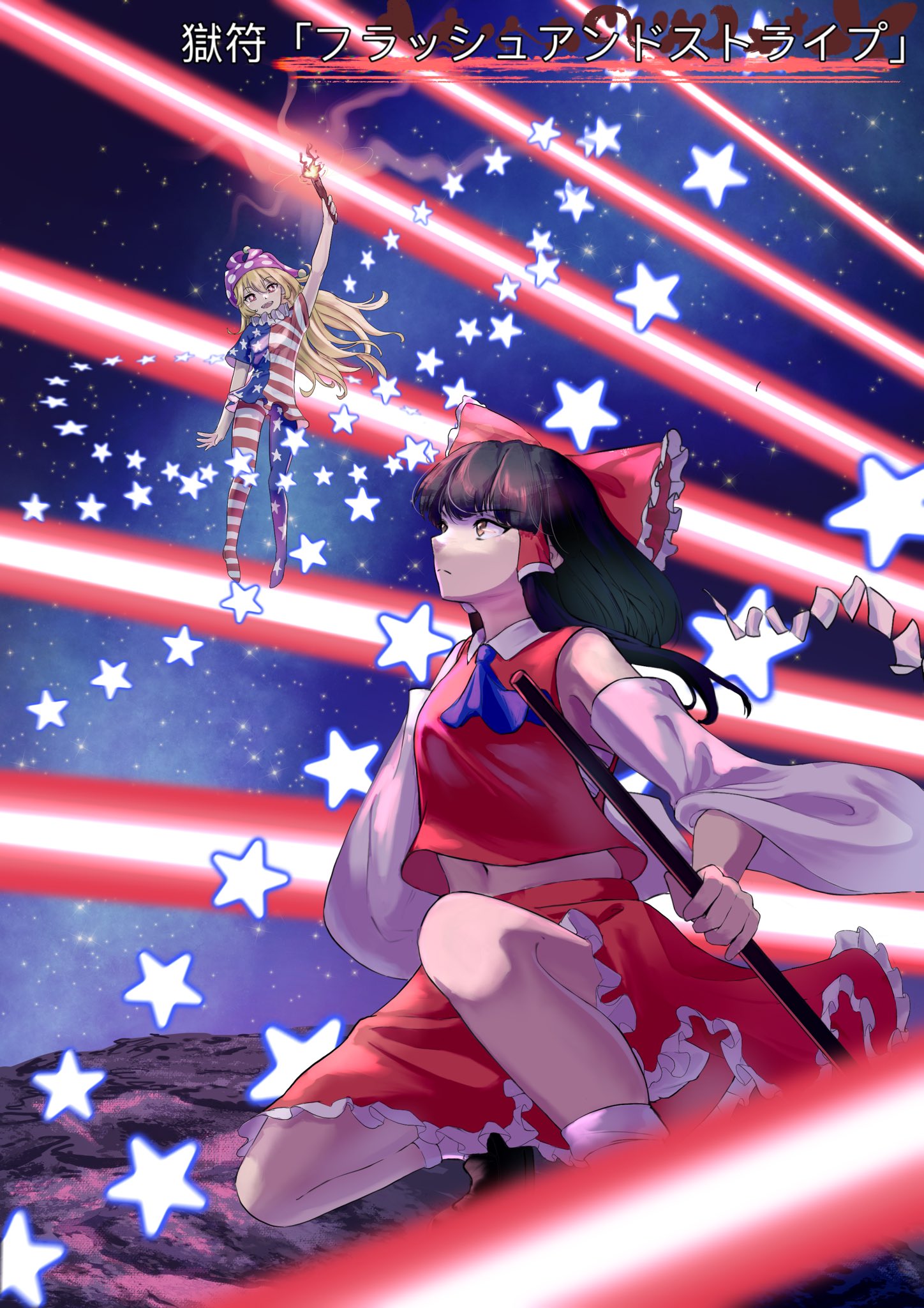 2girls, american_flag, american_flag_dress, american_flag_legwear, american_flag_print, ankle_socks, blonde_hair, blue_skirt