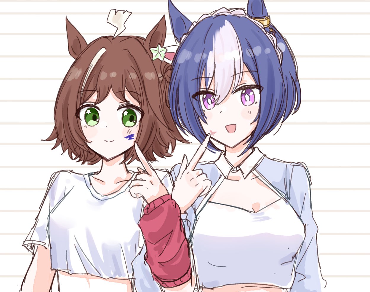 2girls, ahoge, alternate_costume, animal_ears, breasts, cesario_(umamusume), closed_mouth, commentary_request, green_eyes, hair_between_eyes, hair_ornament, horse_ears, horse_girl, looking_at_viewer, medium_breasts, midriff, multiple_girls, navel, open_mouth, paint, pointing, pointing_at_self, rhein_kraft_(umamusume), smile, umamusume, violet_eyes, white_background, wnlvkx