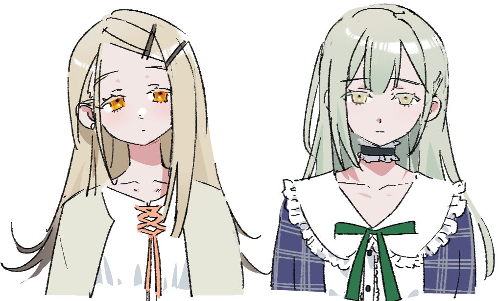 2girls, baisha, bang_dream!, bang_dream!_it's_mygo!!!!!, bangs_pinned_back, black_choker, blonde_hair, blush