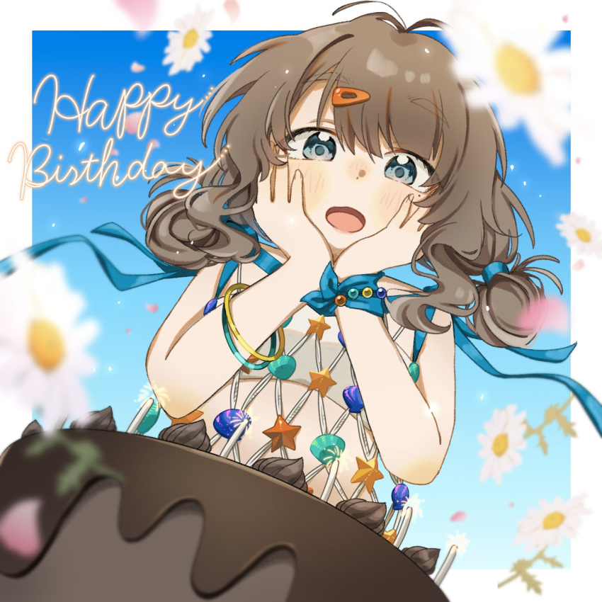 1girl, :d, birthday_cake, blue_background, blue_bow, blue_eyes, blurry, blurry_foreground