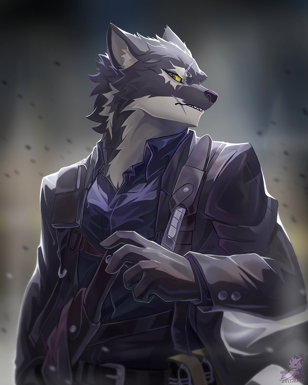1boy, animal_ears, arknights, artist_name, black_coat, black_fur, black_shirt, coat, dog_nose, enfys_ellezard, english_commentary, fangs, furry, furry_male, gambino_(arknights), highres, knife, looking_at_viewer, male_focus, scar, scar_across_eye, scar_on_face, scar_on_mouth, sheath, sheathed, shirt, strap, watermark, wolf_boy, wolf_ears, yellow_eyes