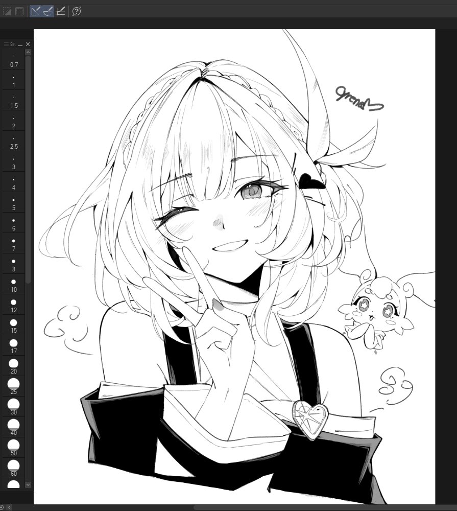 1girl, bare_shoulders, blunt_bangs, braid, character_name, cyrene_(honkai:_star_rail), greyscale, hair_ornament