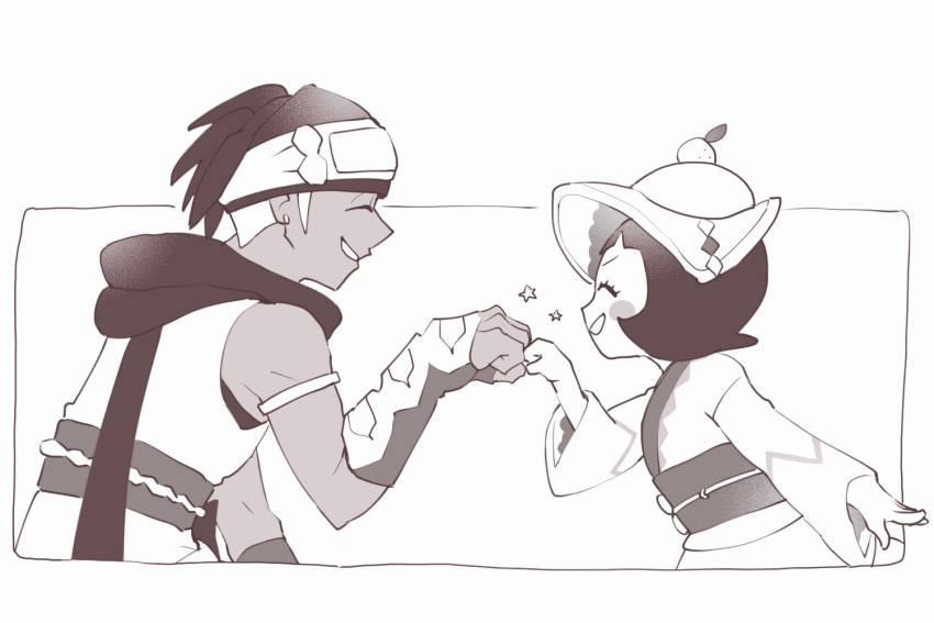 1boy, 1girl, 4keta, blush_stickers, closed_eyes, fist_bump, food, from_side