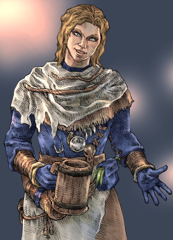 1girl, 7lprev8ctgfay2r, blonde_hair, blue_eyes, blue_gloves, blue_robe, blurry, blurry_background, breda_(eso), cup, depth_of_field, gloves, holding, holding_cup, looking_at_viewer, robe, solo, tankard, the_elder_scrolls, the_elder_scrolls_online
