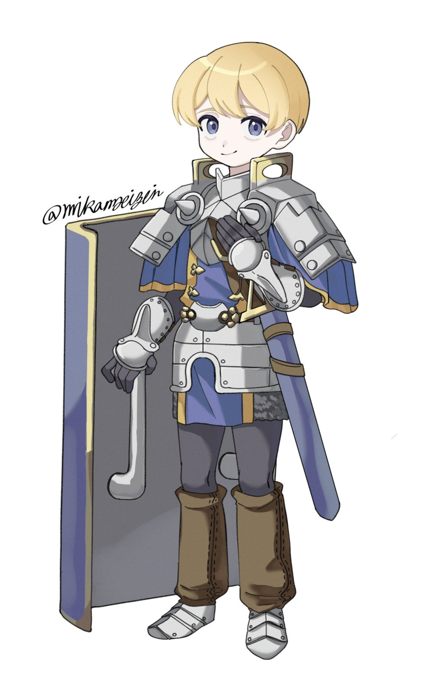1boy, armor, blonde_hair, closed_mouth, faulds, full_body, highres, mikamseizin, paladin_(sekaiju), paladin_1_(sekaiju), rondel, sabaton, sekaiju_no_meikyuu, sekaiju_no_meikyuu_1, sheath, sheathed, shield, signature, simple_background, smile, solo, sword, weapon, white_background