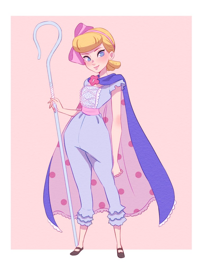 1girl, blonde_hair, blue_eyes, bo_peep_(toy_story), full_body, hair_bun, hat, holding