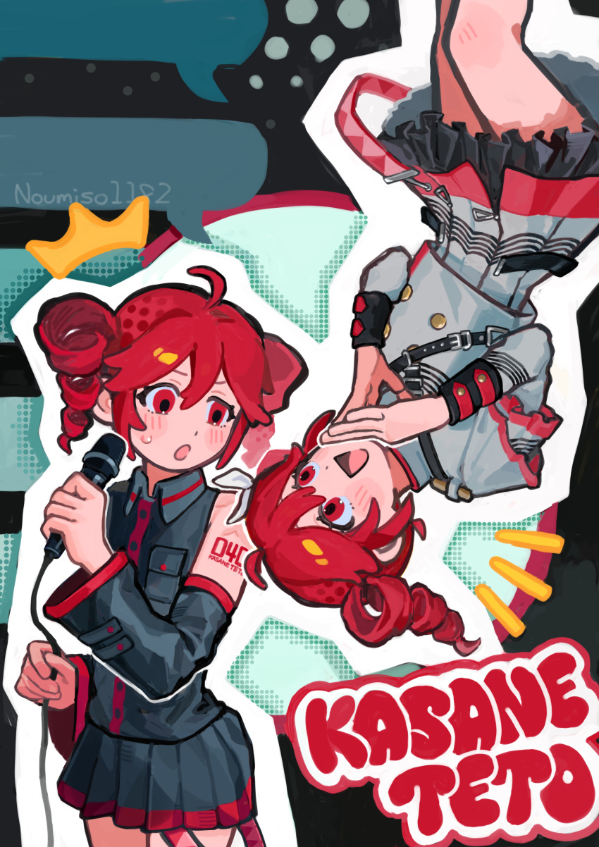 2girls, absurdres, ahoge, arm_tattoo, belt, black_background, black_belt, black_shirt