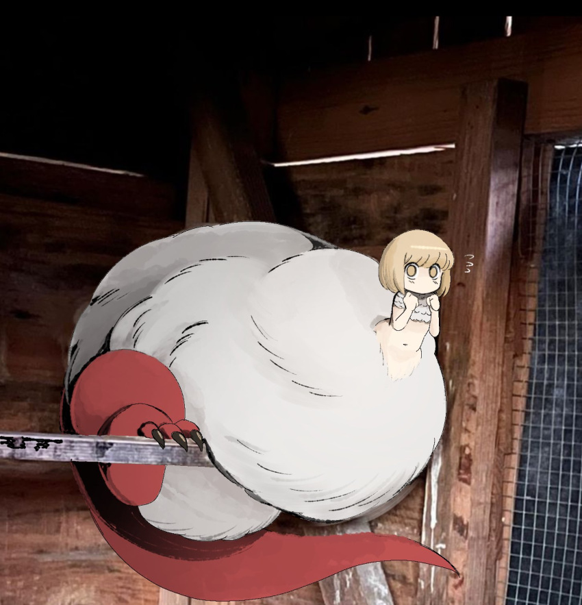 1girl, blonde_hair, body_fur, centauroid, chibi, chicken_coop, chimera, dungeon_meshi