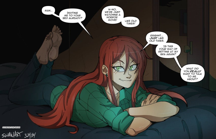 1girl, barefoot, blue_pants, brown_hair, denim, english_text, gravity_falls, green_eyes, green_shirt, indoors, jeans, long_hair, looking_at_viewer, lying, on_bed, on_stomach, pants, patreon_username, shirt, signature, soles, solo, speech_bubble, swain_(artist), the_pose, web_address, wendy_corduroy