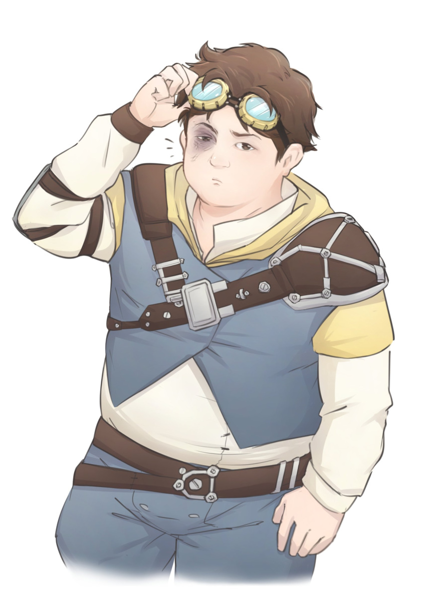 1boy, arcane:_league_of_legends, blue_pants, blue_shirt, brown_hair, bruise, bruised_eye, claggor_(arcane)