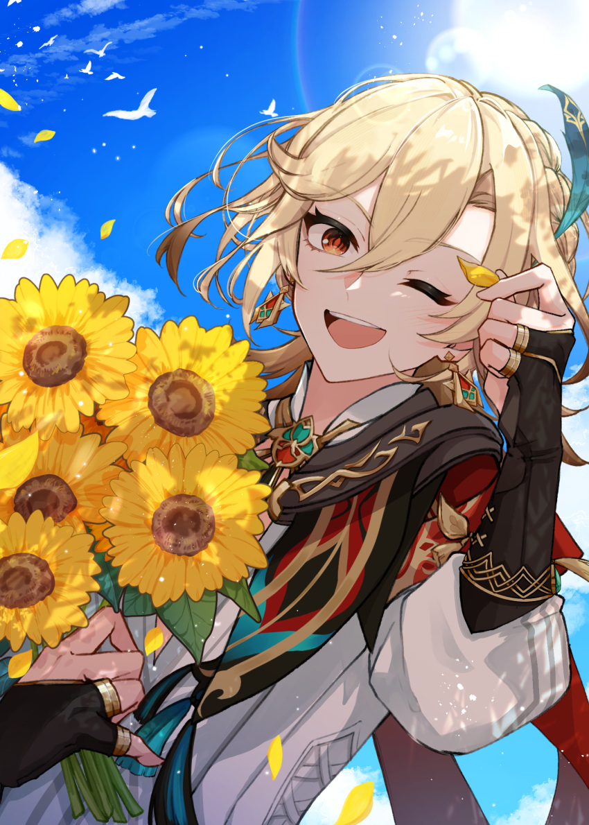 1boy, blonde_hair, blue_sky, commission, flower, genshin_impact, highres, holding