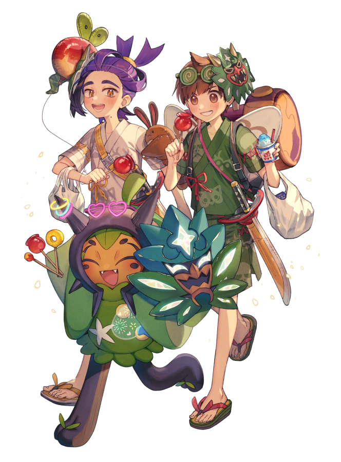 2boys, applin, bag, balloon, black_hair, blush, brown_eyes, brown_hair