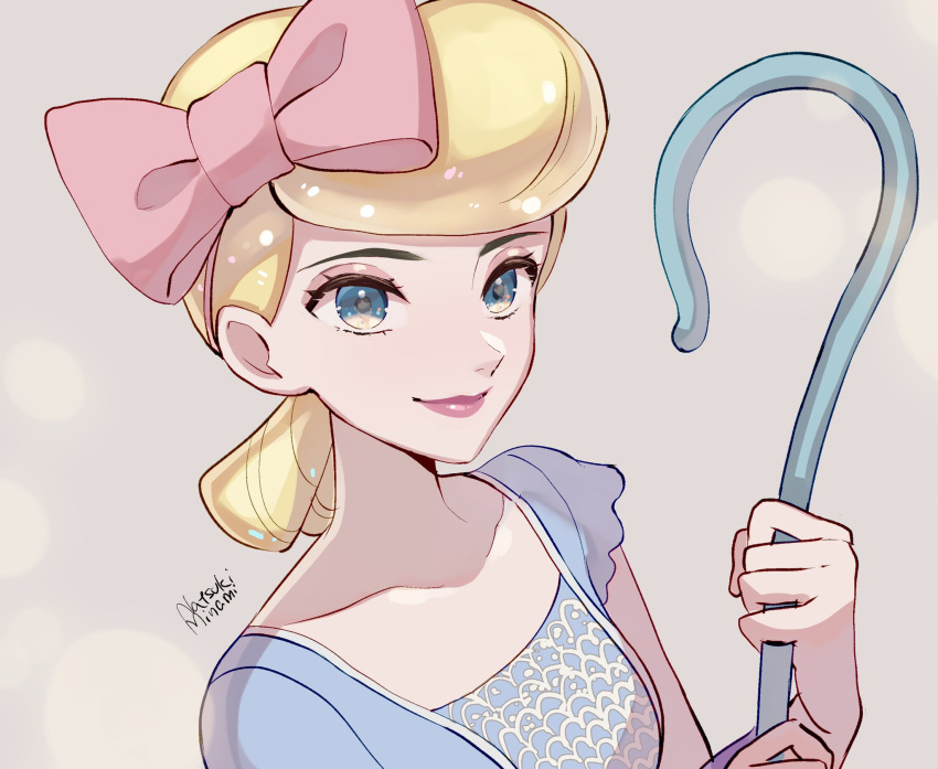 1girl, blonde_hair, blue_eyes, bo_peep_(toy_story), brown_bag, closed_mouth, hair_bun, highres