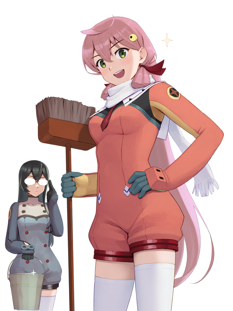 2girls, akashi_(kancolle), black_gloves, black_hair, breasts, broom, bucket, cosplay, glasses, gloves, green_eyes, hair_between_eyes, hair_ornament, hair_ribbon, hand_on_own_hip, holding, holding_broom, holding_bucket, kantai_collection, medium_breasts, multiple_girls, nono_(top_wo_nerae_2!), nono_(top_wo_nerae_2!)_(cosplay), nyan_nok_cham, nyan_nok_cham_(cosplay), ooyodo_(kancolle), opaque_glasses, open_mouth, pink_hair, porupurucha, red_ribbon, ribbon, scarf, thigh-highs, top_wo_nerae!_(series), top_wo_nerae_2!, tress_ribbon, white_scarf, white_thighhighs