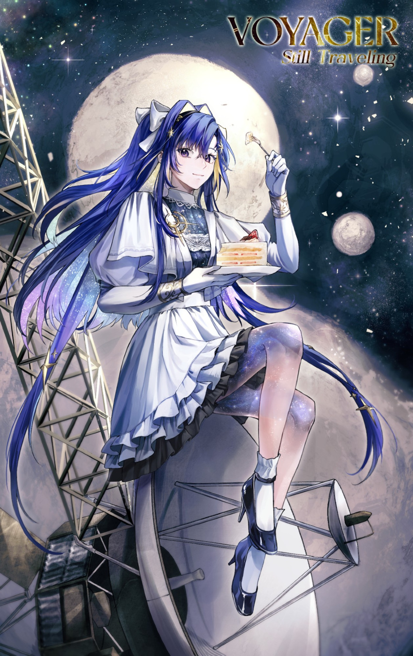 1girl, black_footwear, black_hairband, blonde_hair, blue_eyes, blue_hair, bsle, cake