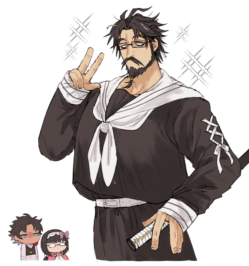1girl, 2boys, absurdres, aoi_(0ud0ntabetabe), bartholomew_roberts_(fate), beard, belt, black_hair