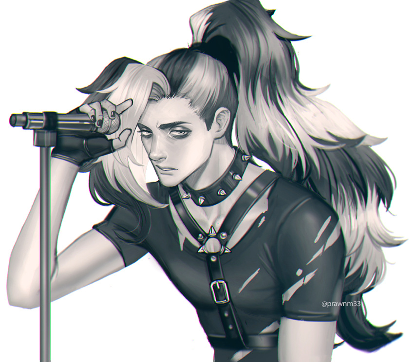 1boy, arm_up, bags_under_eyes, collar, commentary, english_commentary, harness, holding