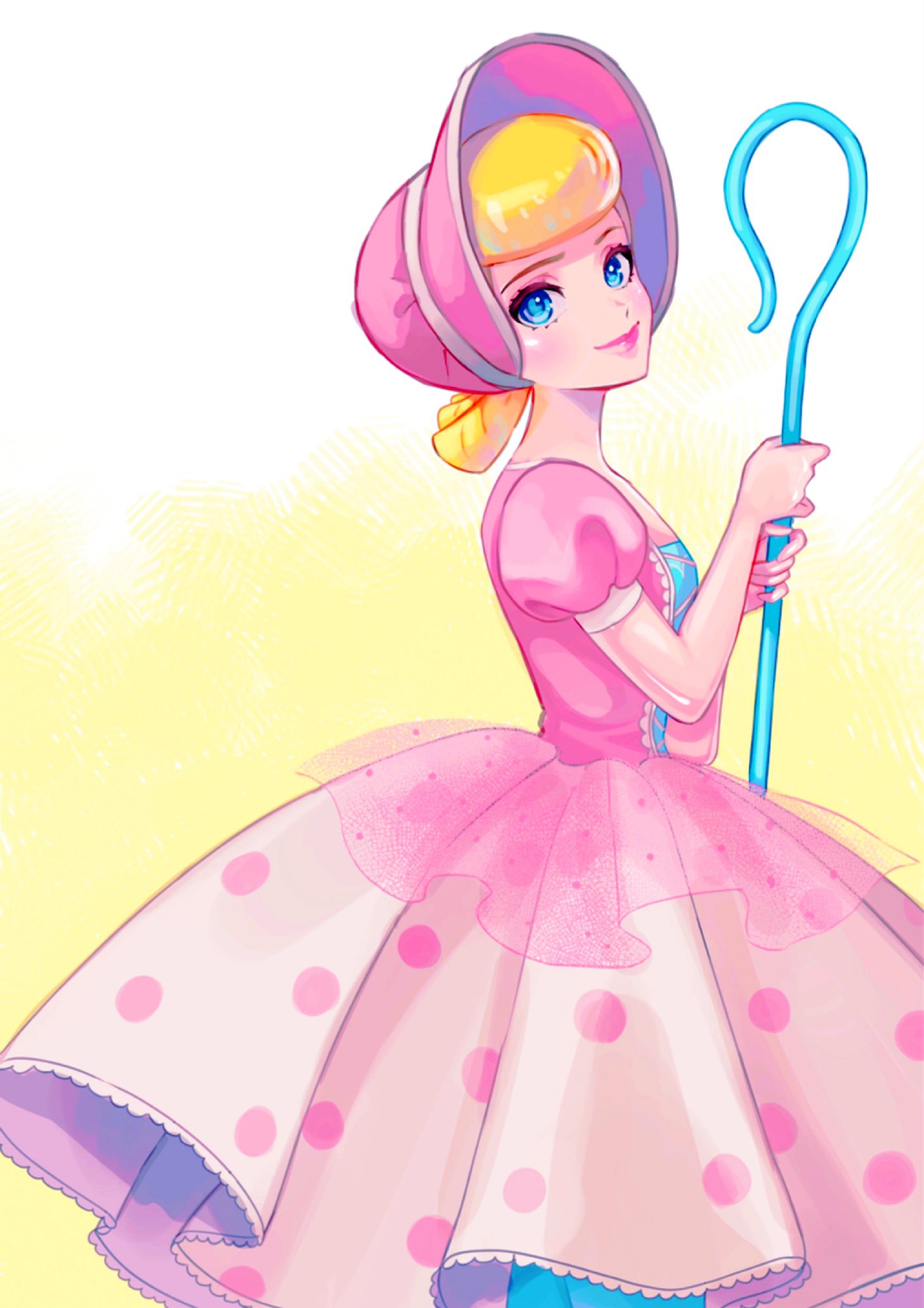 1girl, blonde_hair, blue_eyes, bo_peep_(toy_story), dress, hair_bun, hat, highres