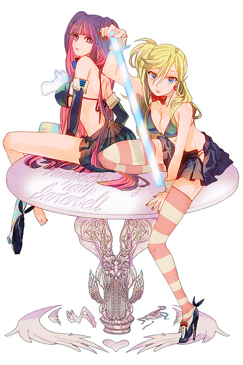 alternate_hairstyle, artist_request, back_lace, bikini_top, blonde_hair, blue_eyes, breasts, cleavage