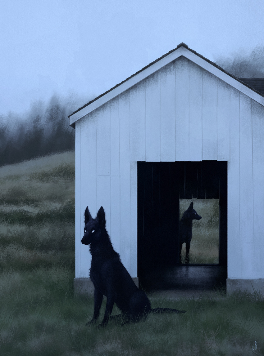 abandoned, animal, animal_focus, black_dog, black_fur, blank_eyes, building, commentary