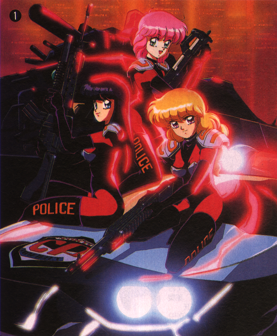 1990s_(style), 3girls, armor, black_gloves, black_hair, black_thighhighs, blonde_hair, blue_eyes