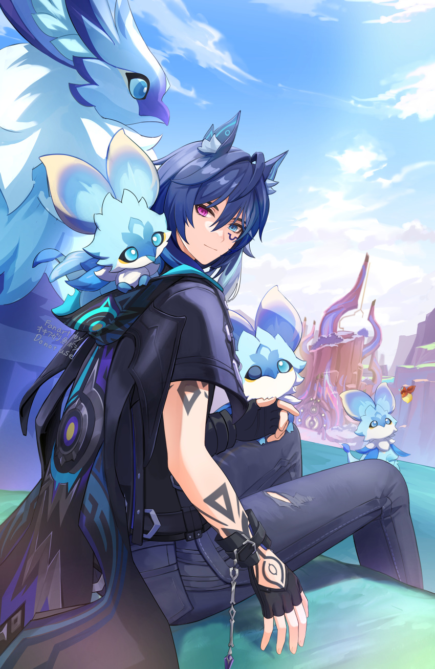 1boy, absurdres, black_cape, black_gloves, black_pants, blue_eyes, blue_hair, blue_sky