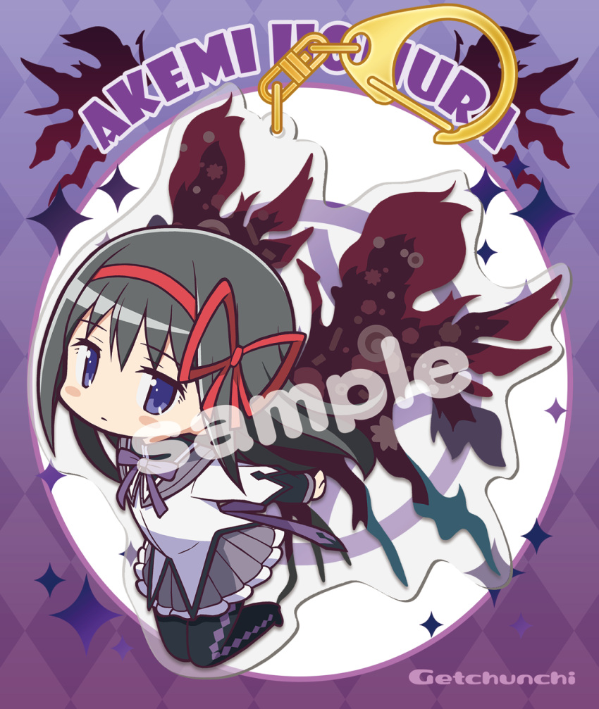 1girl, akemi_homura, argyle_background, argyle_clothes, argyle_footwear, artist_name, back_bow, black_capelet