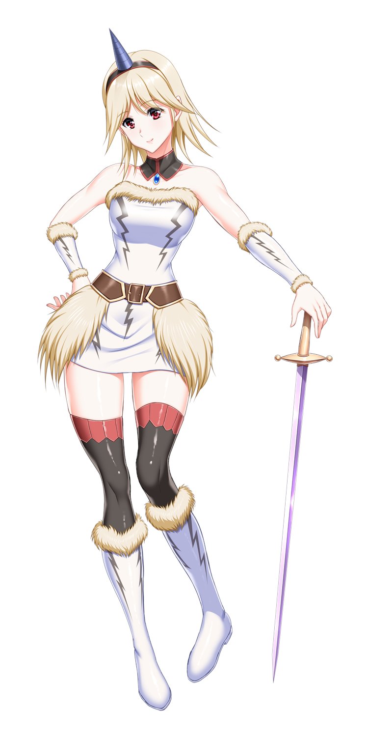1girl, a11690693, arm_warmers, bare_shoulders, black_thighhighs, blonde_hair, boots, commentary_request