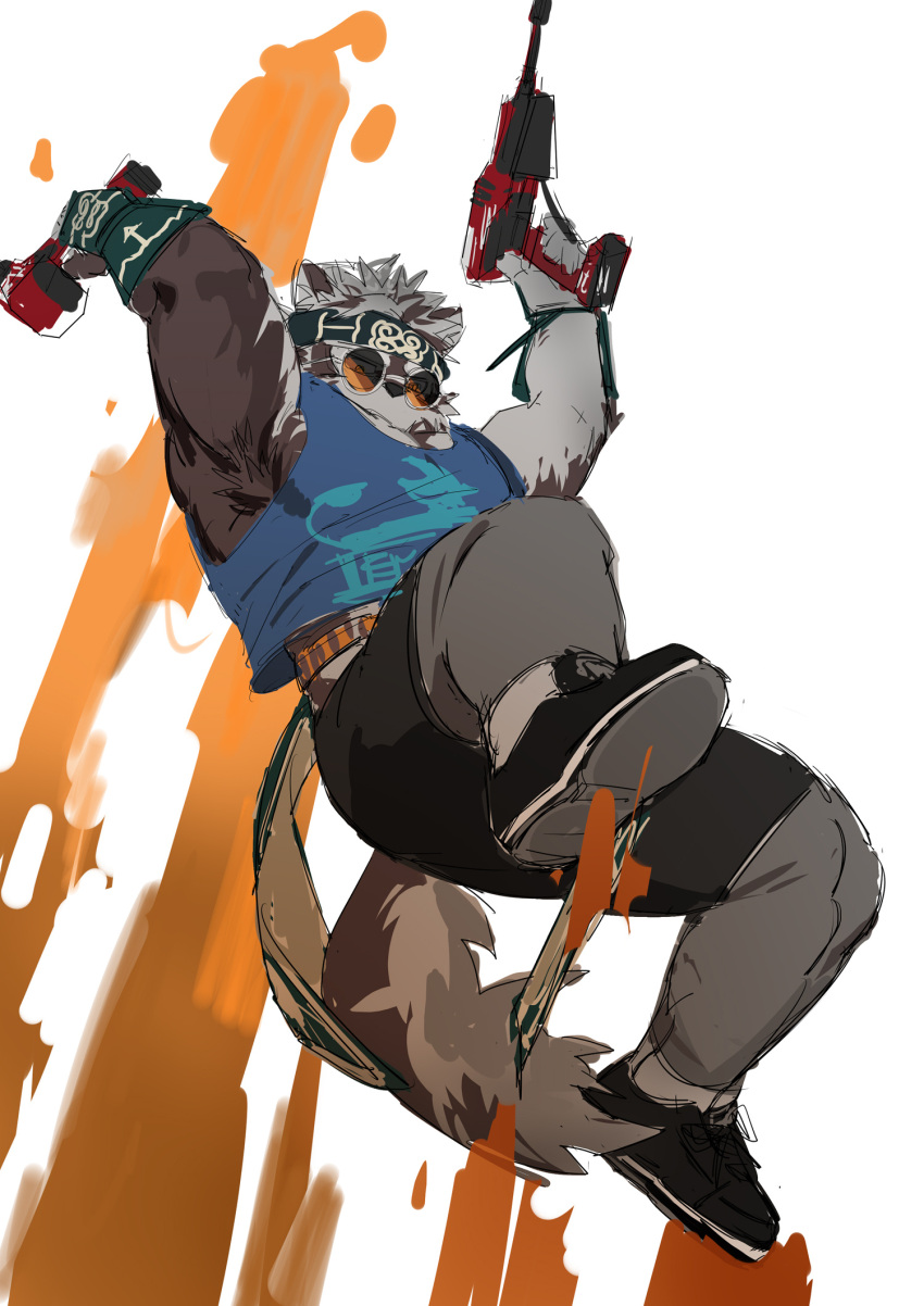 1boy, animal_ears, armpit_hair, armpits, arms_up, black_shorts, blue_tank_top, chinese_commentary