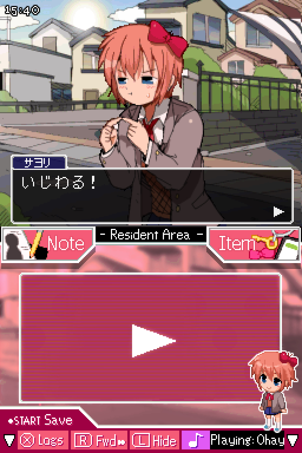 1girl, bendedede, blue_eyes, blush, bow, chibi, closed_mouth, commentary, day, doki_doki_literature_club, english_commentary, grey_jacket, hair_bow, handheld_game_console, highres, index_fingers_together, jacket, long_sleeves, nintendo_ds, orange_hair, outdoors, pixel_art, pout, red_bow, sayori_(doki_doki_literature_club), school_uniform, short_hair, small_sweatdrop, symbol-only_commentary, translation_request, user_interface