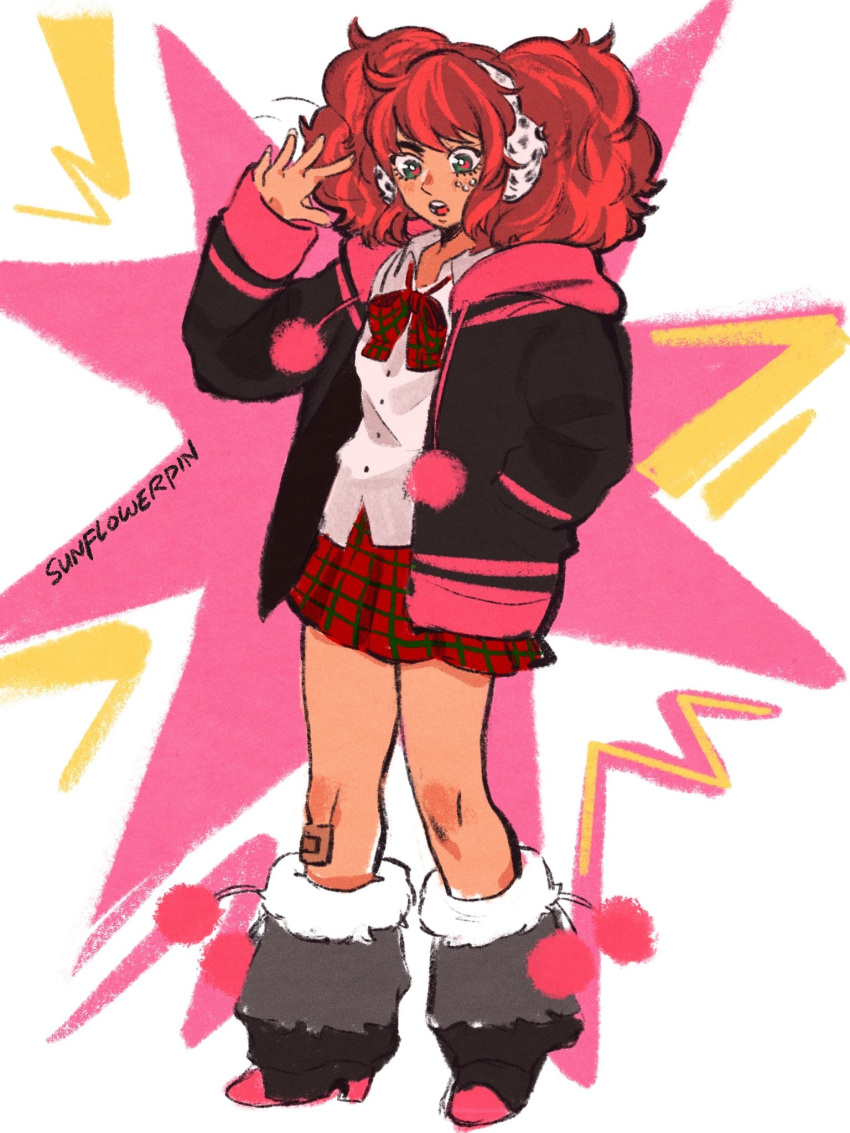 1girl, bandaid, bandaid_on_knee, bandaid_on_leg, black_jacket, blush, boots, bow