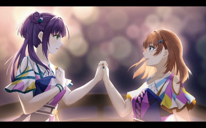 2girls, :d, aqua_eyes, blue_dress, blue_nails, blurry, blurry_background, bokeh, bridge, cerise_bouquet, clothing_cutout, collarbone, collared_dress, commentary, crossed_bangs, cube_hair_ornament, depth_of_field, dress, eye_contact, genyo_yako, green_eyes, hair_bun, hair_ornament, hairclip, highres, hinoshita_kaho, holding_hands, interlocked_fingers, letterboxed, light_particles, link!_like!_love_live!, long_hair, looking_at_another, love_live!, medium_hair, michisato, multicolored_clothes, multicolored_dress, multiple_girls, nail_polish, official_alternate_costume, open_mouth, orange_hair, orange_nails, otomune_kozue, outdoors, profile, purple_dress, purple_hair, short_sleeves, shoulder_cutout, side_ponytail, sidelocks, single_side_bun, smile, two_side_up, upper_body, virtual_youtuber, white_dress