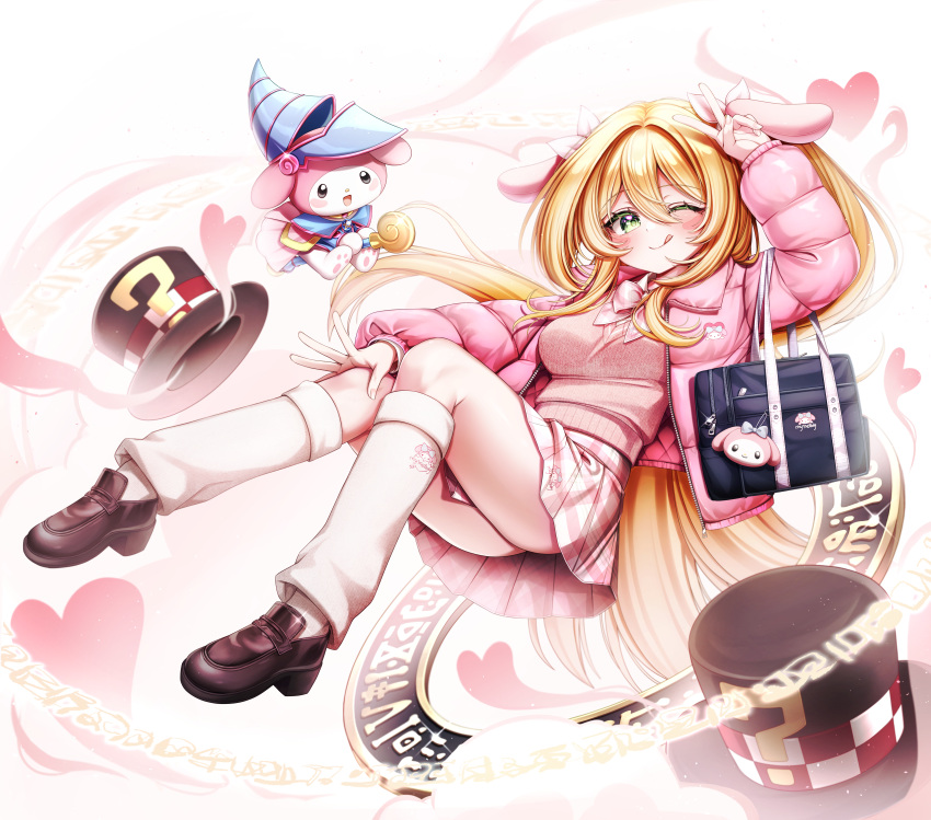 1girl, absurdres, alternate_costume, animal_ears, bag, blonde_hair, cosplay, crossover, dark_magical_circle, dark_magician_girl, dark_magician_girl_(cosplay), dasom, dress, duel_monster, fake_animal_ears, full_body, green_eyes, gyaru, heart, highres, looking_at_viewer, magical_hats_(yu-gi-oh!), my_melody, pink_dress, pink_skirt, rabbit, sanrio, shoulder_bag, skirt, smile, thighs, tongue, tongue_out, yu-gi-oh!