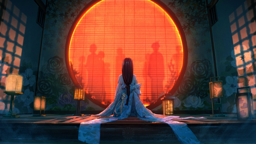 1girl, absurdres, andon_(lighting), architecture, bamboo_screen, black_hair, commentary_request, east_asian_architecture